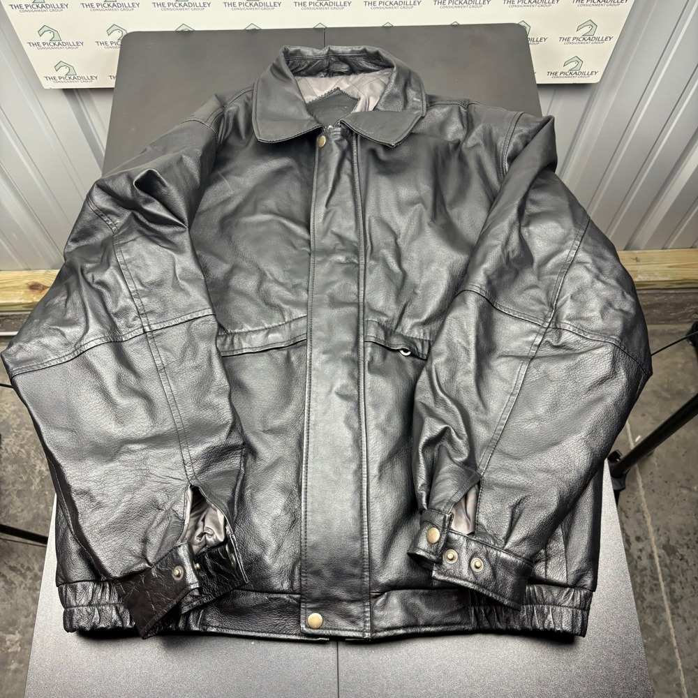 Falls Creek Men's Leather Jacket Full Zip Black Collared Bomber Style